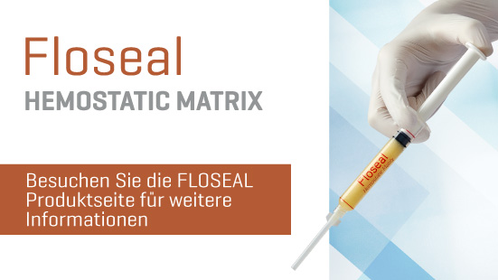Image of FLOSEAL in applicator in a gloved hand along with the FLOSEAL logo next to it